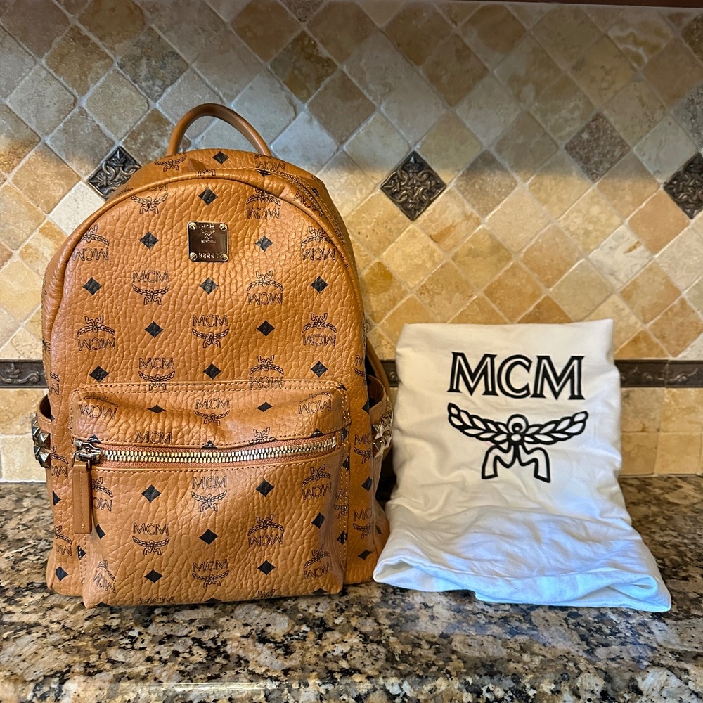 MCM Visetos Cognac Gold Studded Authentic Leather Backpack